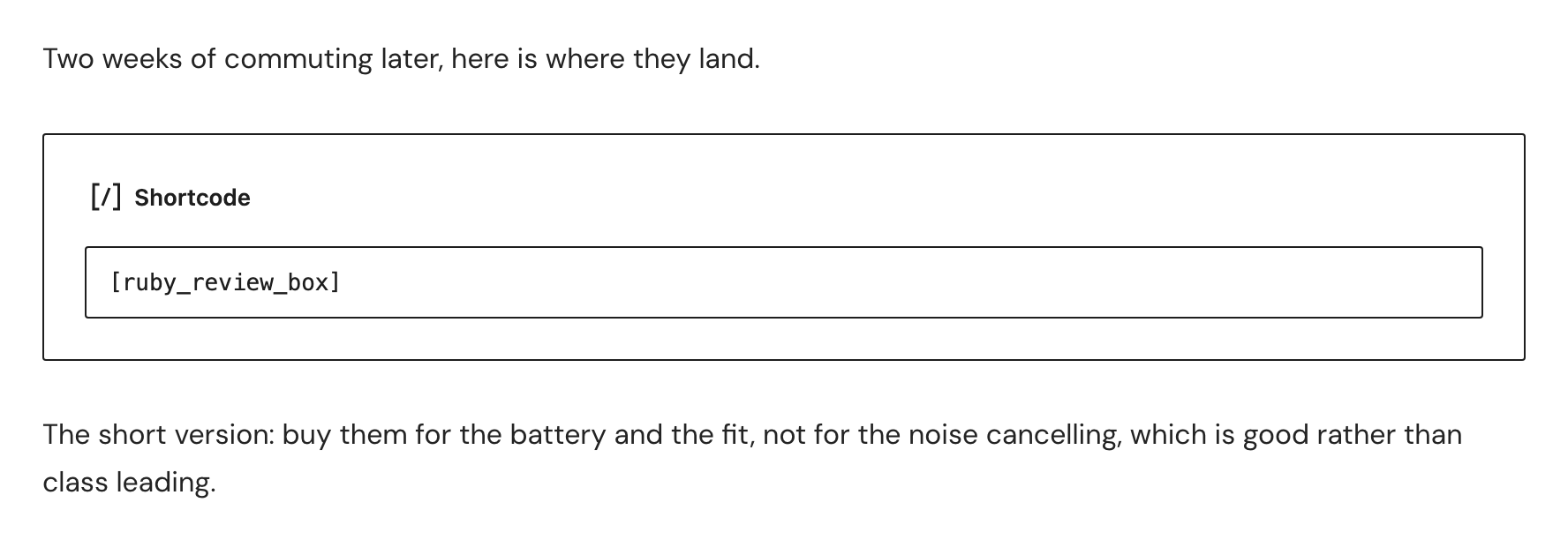 The block editor on a review post, with a Shortcode block holding [ruby_review_box] between two paragraphs of the post