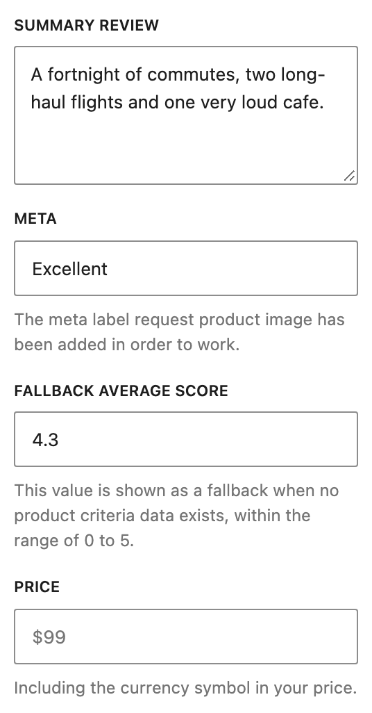 The block's Content panel, with Fallback Average Score holding 4.3 between Meta and Price
