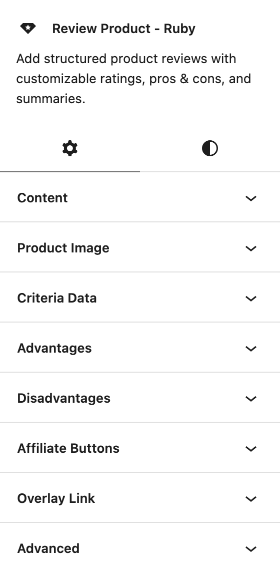 The Settings tab of the Review Product - Ruby block with its panels collapsed: Content, Product Image, Criteria Data, Advantages, Disadvantages, Affiliate Buttons and Overlay Link