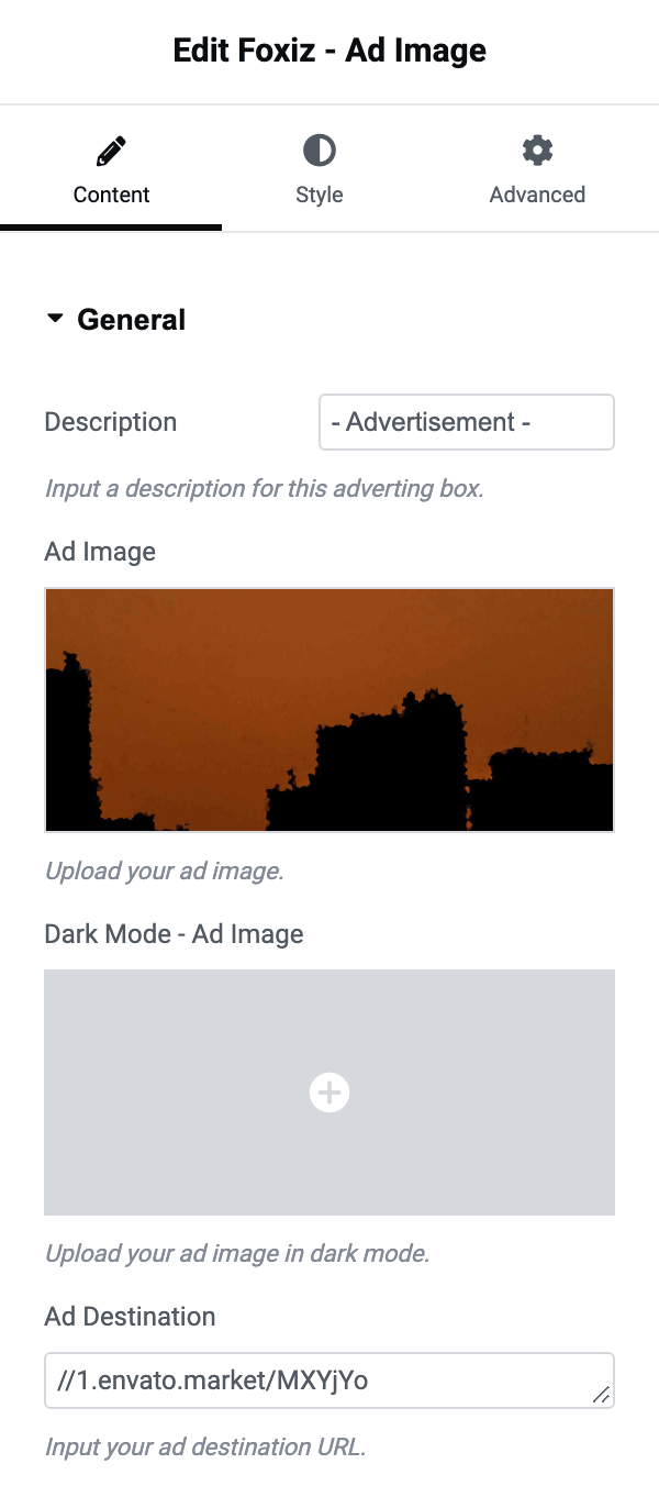 The Elementor panel for Foxiz - Ad Image: Description, Ad Image, Dark Mode - Ad Image and Ad Destination
