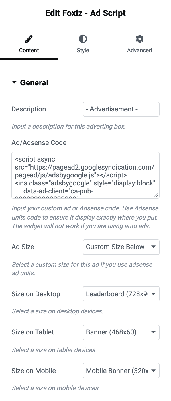 The Elementor panel for Foxiz - Ad Script: Description, Ad/Adsense Code, Ad Size and the three device size dropdowns