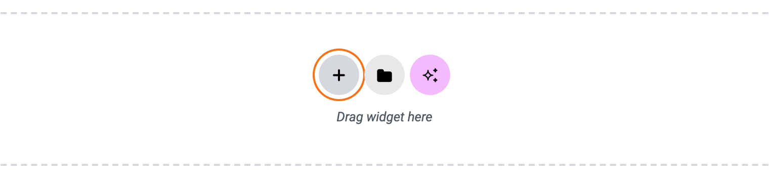 The empty Elementor canvas: the round + button (Add New Container), outlined, with the Add Template folder and the AI button beside it, above Drag widget here