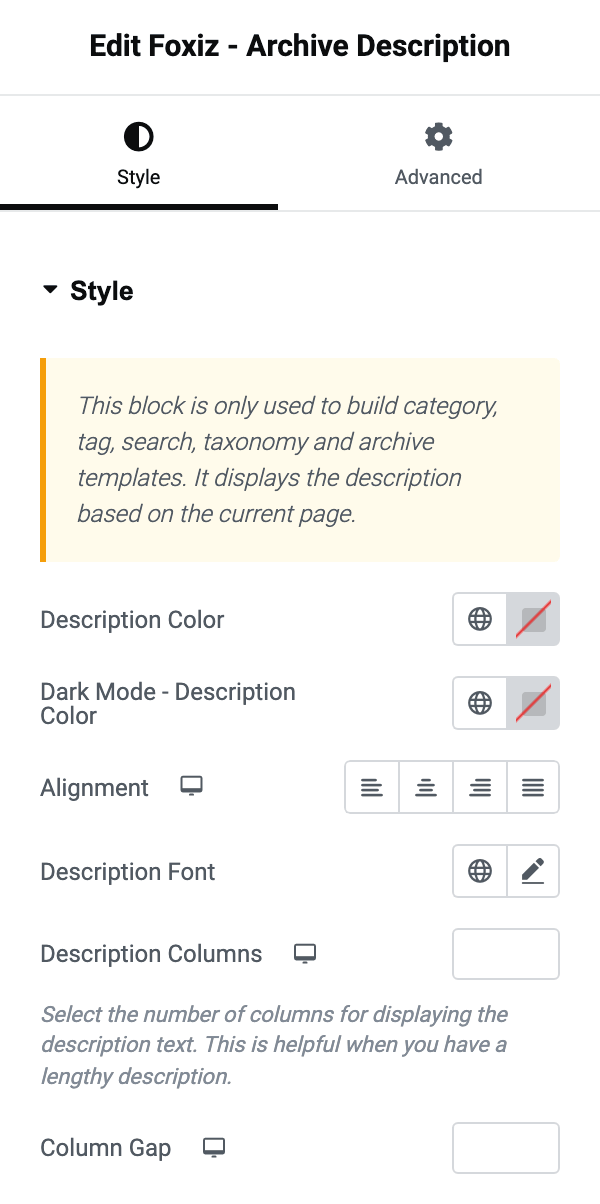 The Style tab of Foxiz - Archive Description, the block's only section, ending in Description Columns and Column Gap