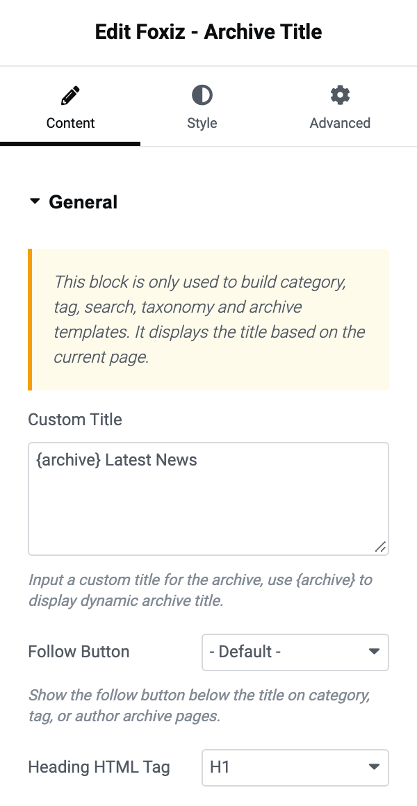 The General section of Foxiz - Archive Title, with its template notice, Custom Title, Follow Button and Heading HTML Tag