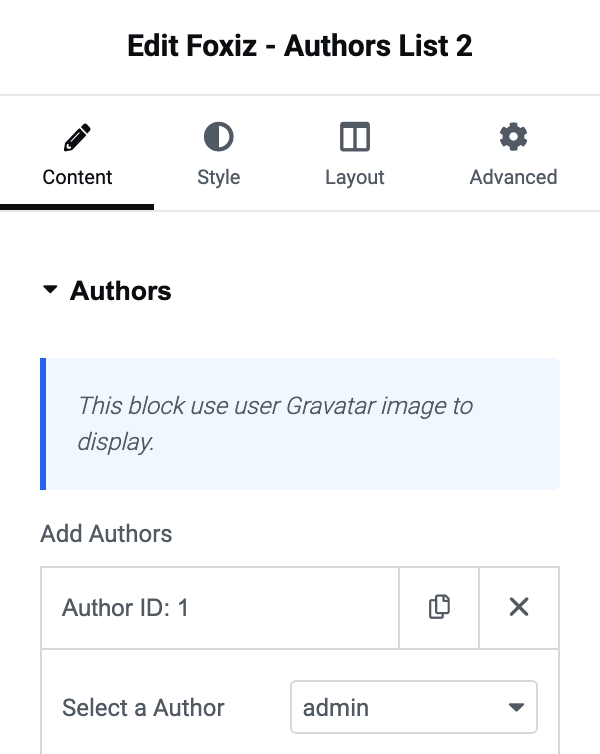 The Authors section of Foxiz - Authors List 2 with one repeater row open, showing the Select a Author dropdown