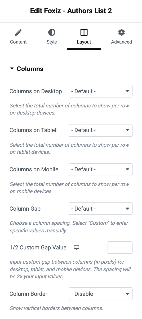 The Columns section on the Layout tab: Columns on Desktop, Tablet and Mobile, Column Gap and Column Border
