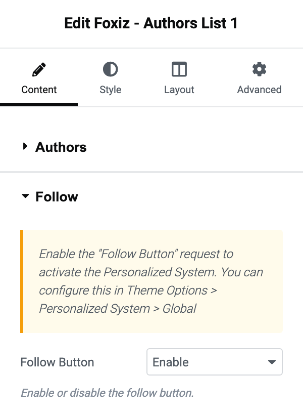 The Follow section of the Foxiz - Authors List 1 panel with Follow Button set to Enable