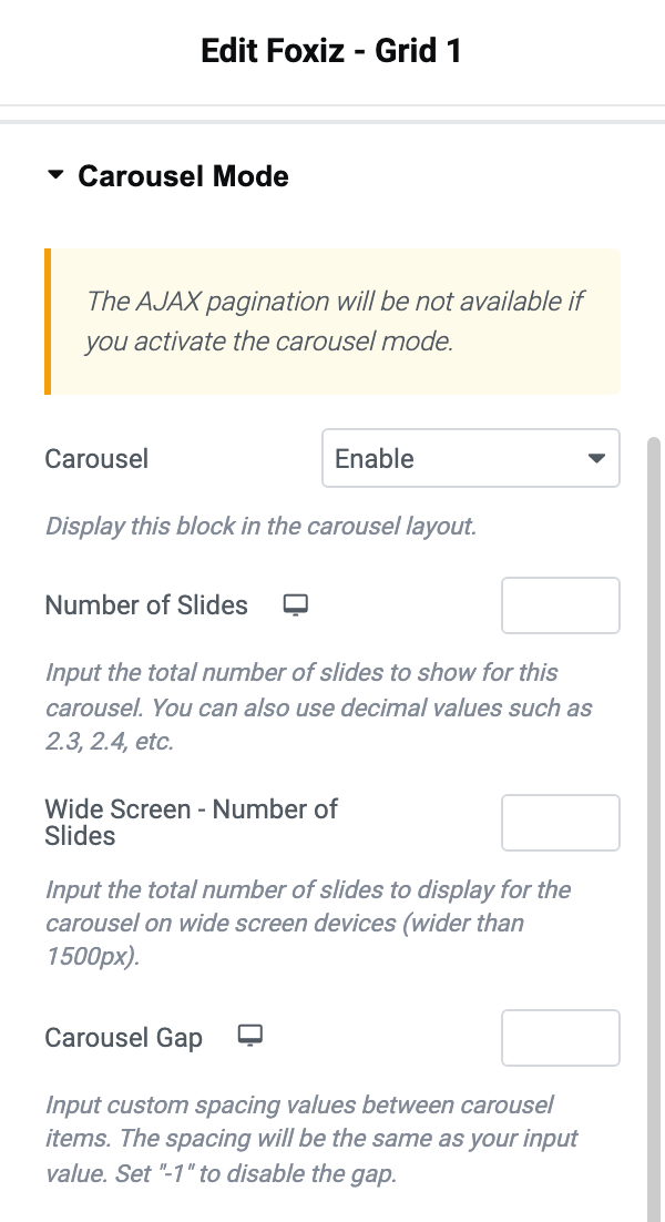 The Carousel Mode section with Carousel set to Enable, its carousel settings showing below it