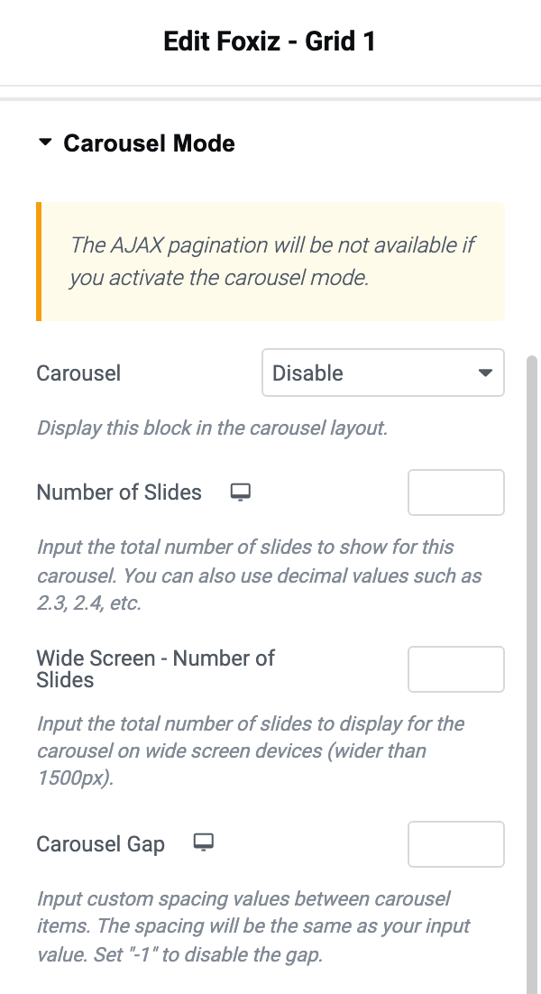 The Carousel Mode section on a Foxiz block's Layout tab