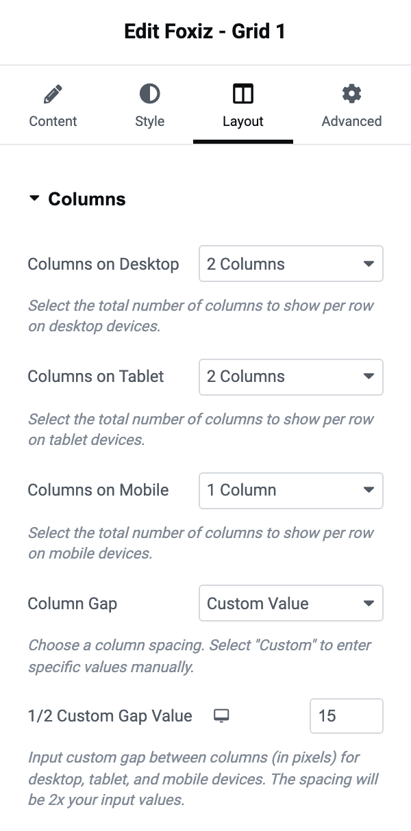 The Columns group on a Foxiz block's Layout tab: Columns on Desktop, Tablet and Mobile, Column Gap and the custom gap value