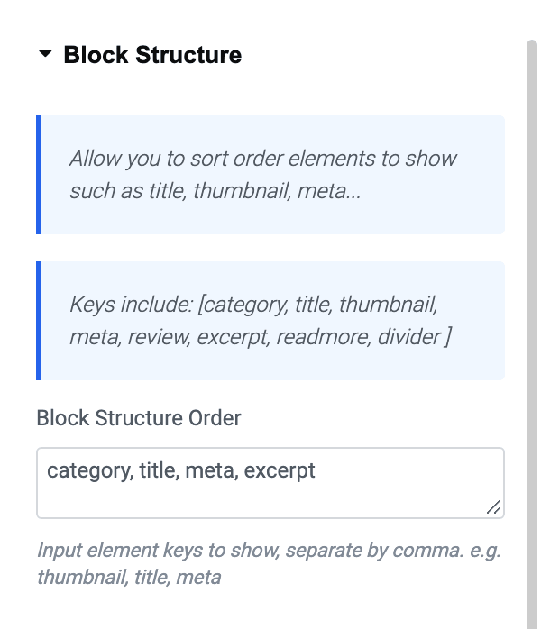 The Block Structure section on a flex block's Style tab, its Block Structure Order field holding category, title, meta, excerpt