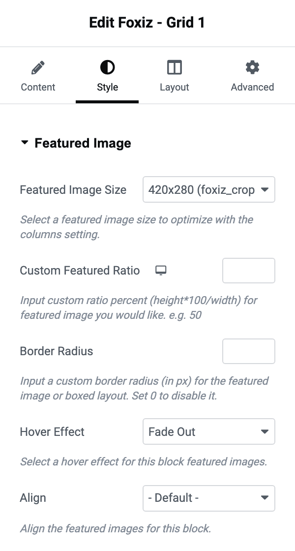 The Style tab of a Foxiz block, which opens on its Featured Image group