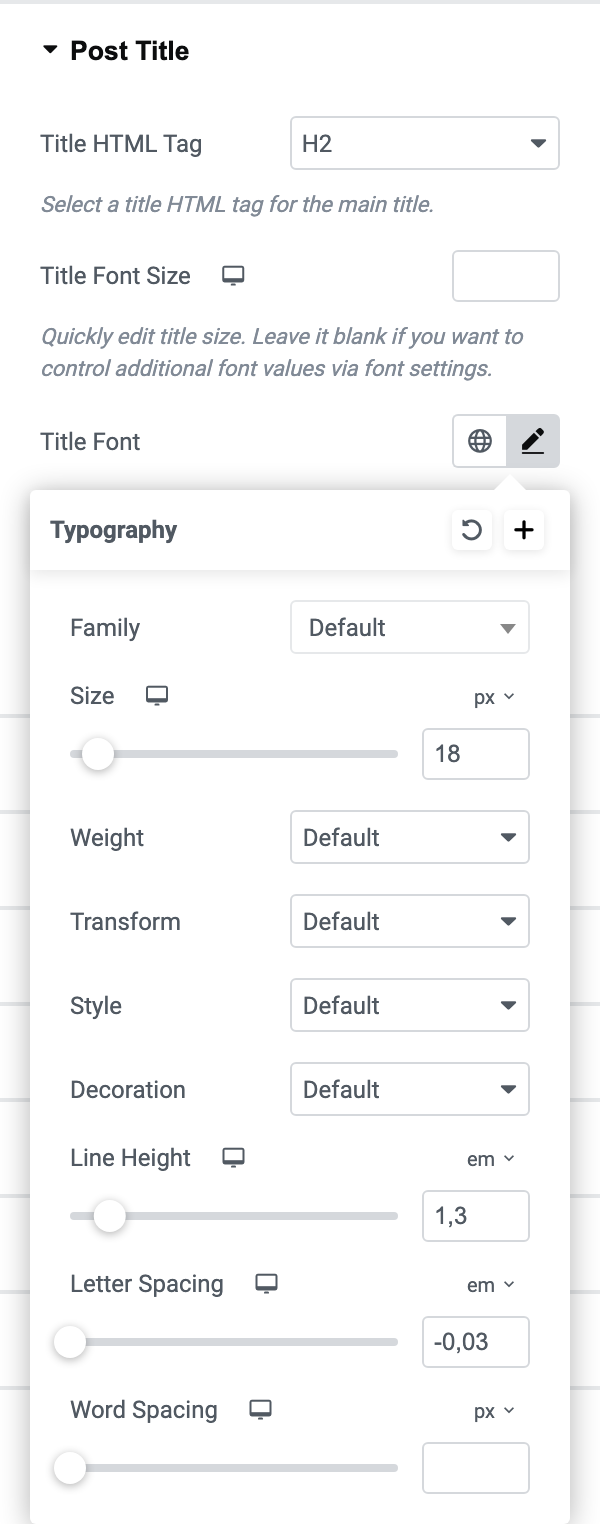 The Post Title group on a Foxiz block's Style tab with the Title Font popover open, showing its Family, Size and Weight fields.