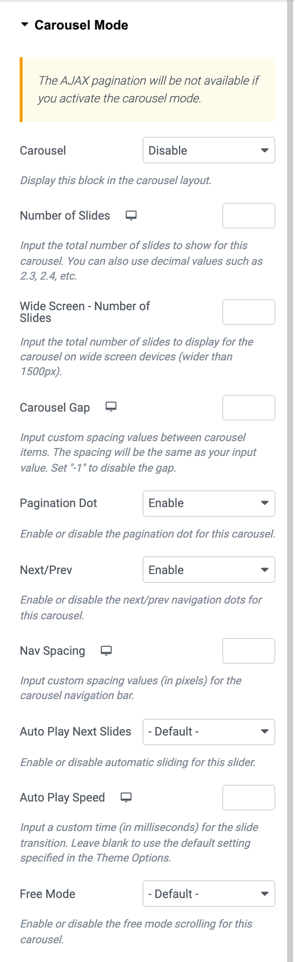 The Carousel Mode section on an Elementor block's Layout tab: Auto Play Next Slides and Free Mode on - Default - and Auto Play Speed blank.