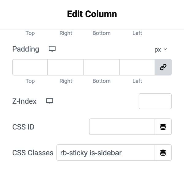 The CSS Classes field on a column's Advanced tab, holding rb-sticky is-sidebar