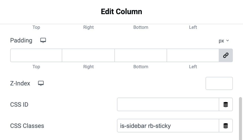 The CSS Classes field on a column's Advanced tab, holding is-sidebar rb-sticky