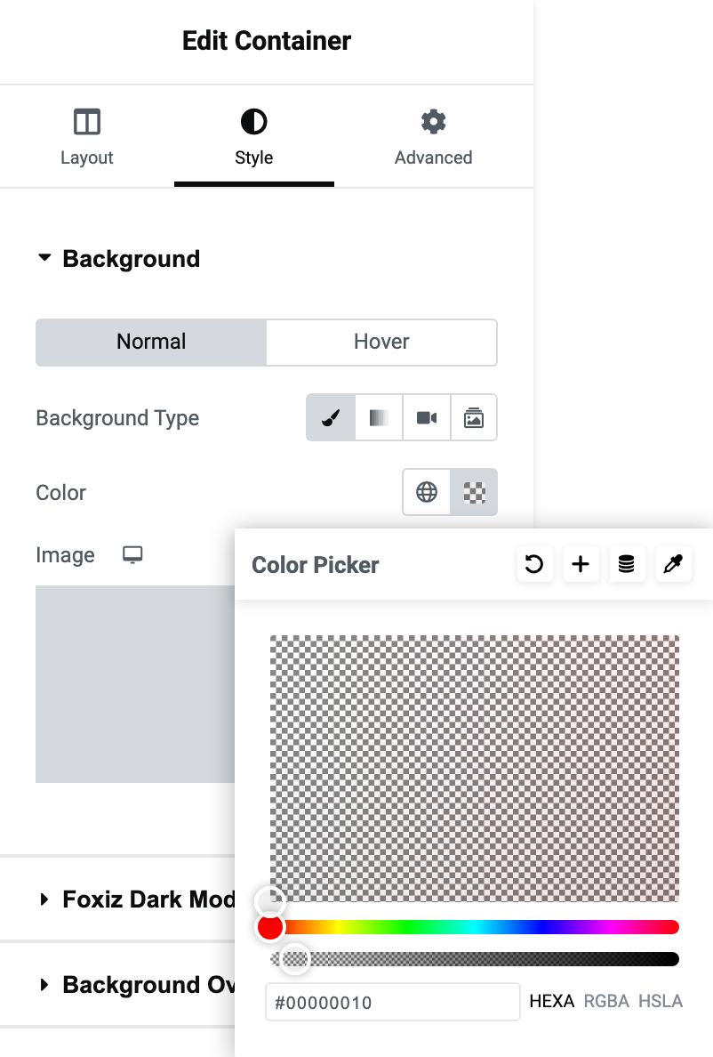 The Style tab with Background Type on Classic and the colour picker holding #00000010