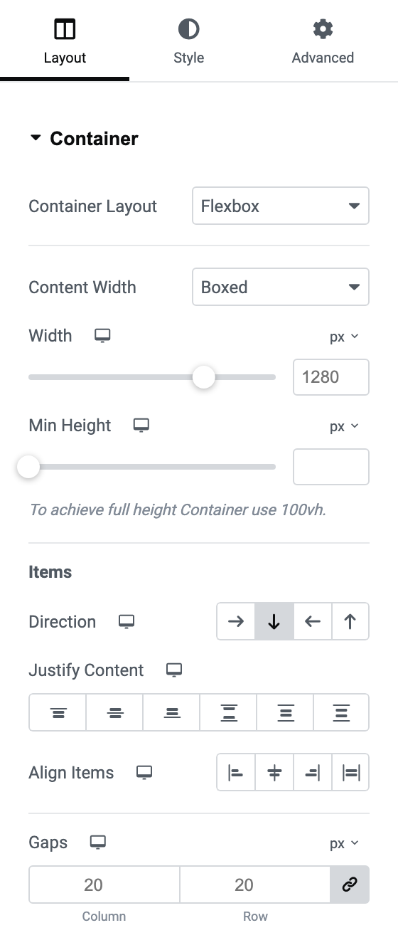 Edit Container, Layout tab of a single container: Content Width on Boxed, Width empty with 1280 as its placeholder, and Gaps lower down showing 20