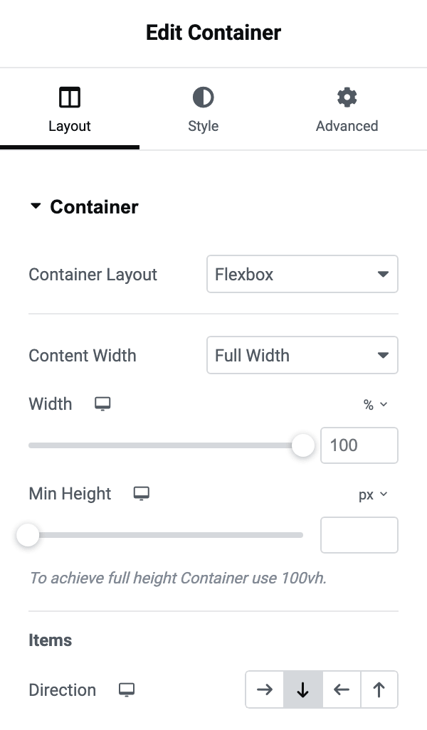 The container's Layout tab, with Direction under Items