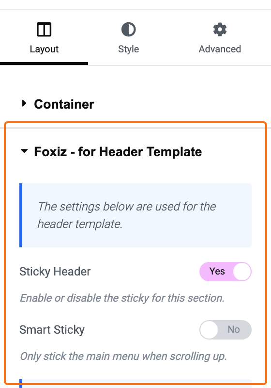 Edit Container, Layout tab of the PressPulse Header template's menu container: the Foxiz - for Header Template panel (outlined) open, with Sticky Header on and Smart Sticky below it