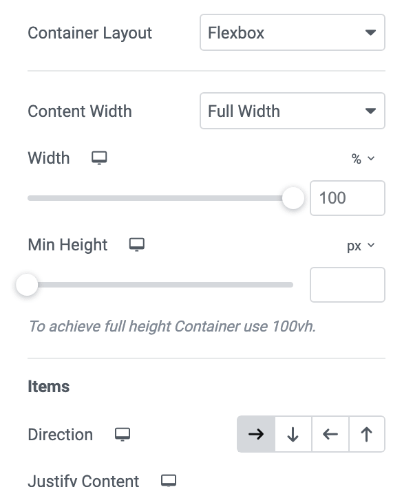 An inner container's Layout tab: Container Layout on Flexbox, Content Width on Full Width and Width at 100%