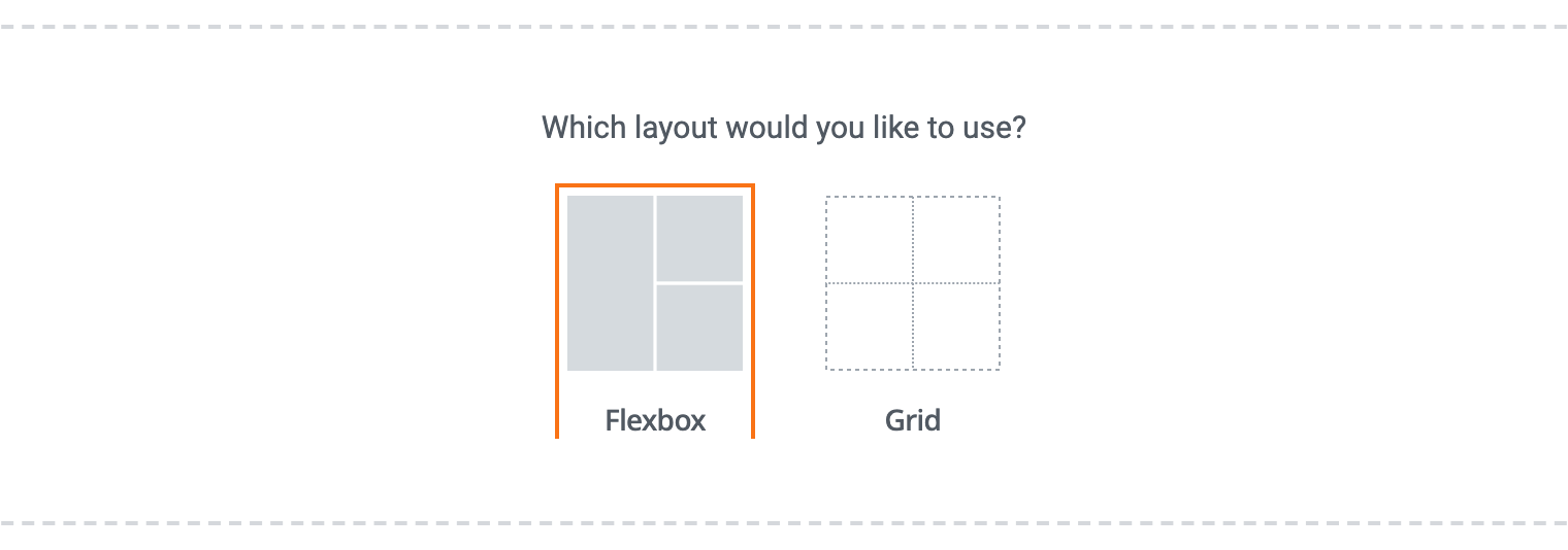 After clicking +, Elementor asks Which layout would you like to use?, with Flexbox (outlined) and Grid