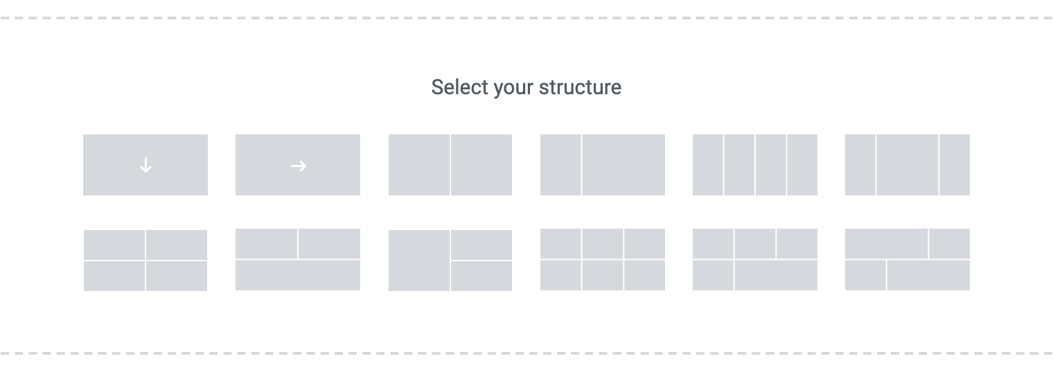 Select your structure for a Flexbox container: twelve presets in two rows, a single container first and two halves third
