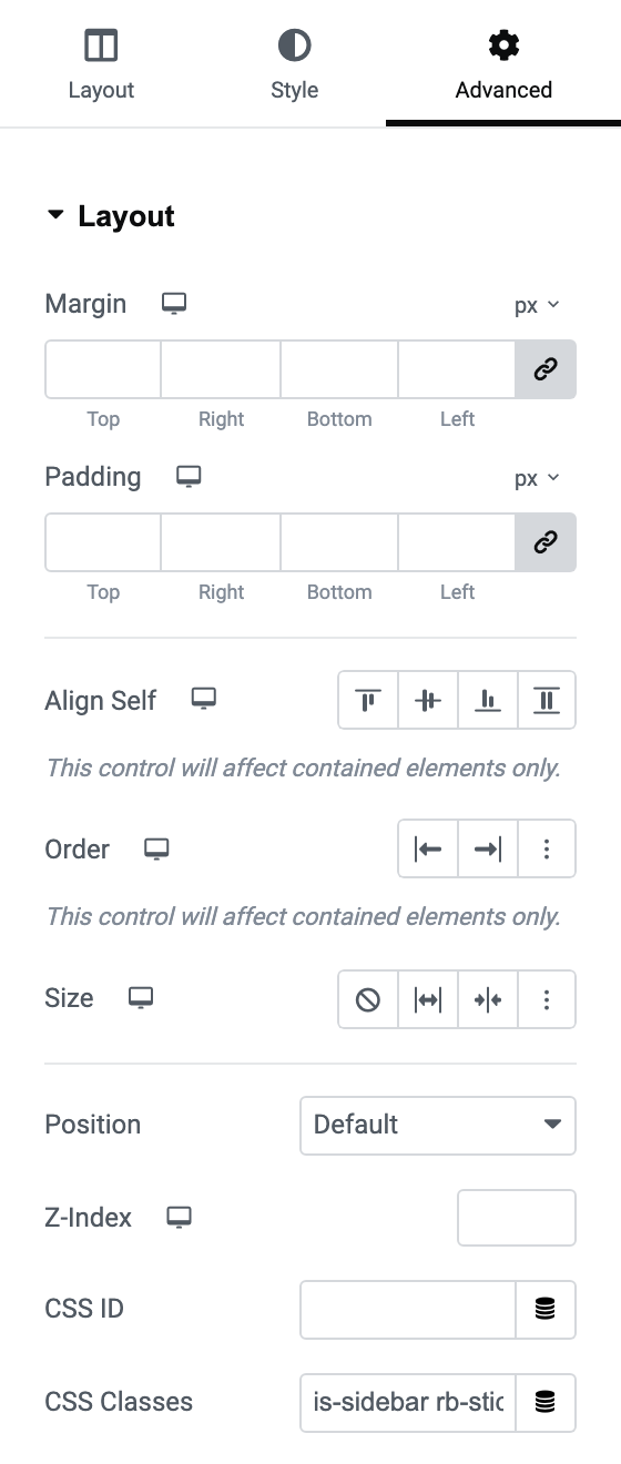 Edit Container, Advanced tab, Layout section of the sidebar container: Padding at its defaults, CSS ID empty, and CSS Classes holding is-sidebar rb-sticky