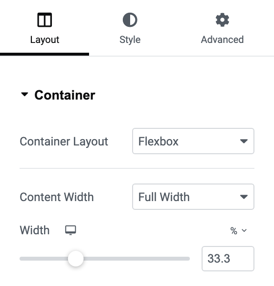 Edit Container, Layout tab of the right hand inner container from the two halves structure: Content Width on Full Width and Width set to 33.3 %