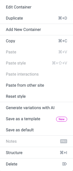 The Elementor right click menu on a container, headed Edit Container