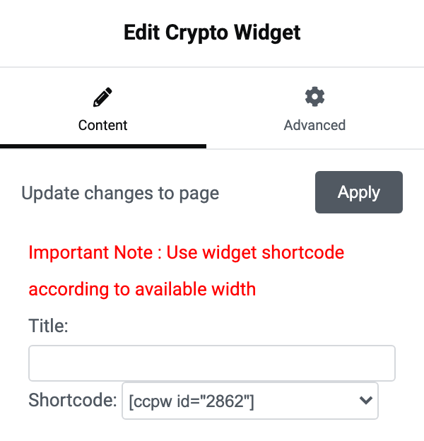 The Crypto Widget dropped into the header template in Elementor, with the published ticker chosen in its Shortcode dropdown.