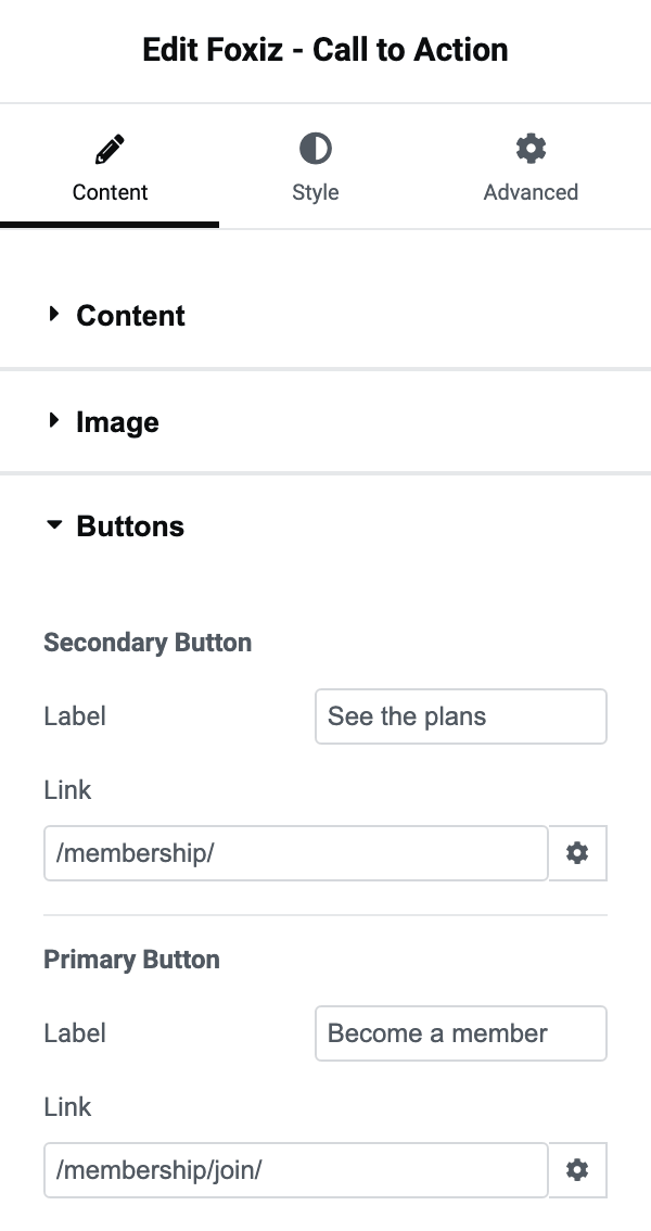 The Buttons section with its Secondary Button and Primary Button groups, each holding a Label and a Link