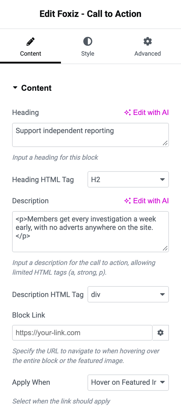 The Content section of Foxiz - Call to Action: Heading, Heading HTML Tag, Description, Description HTML Tag, Block Link and Apply When