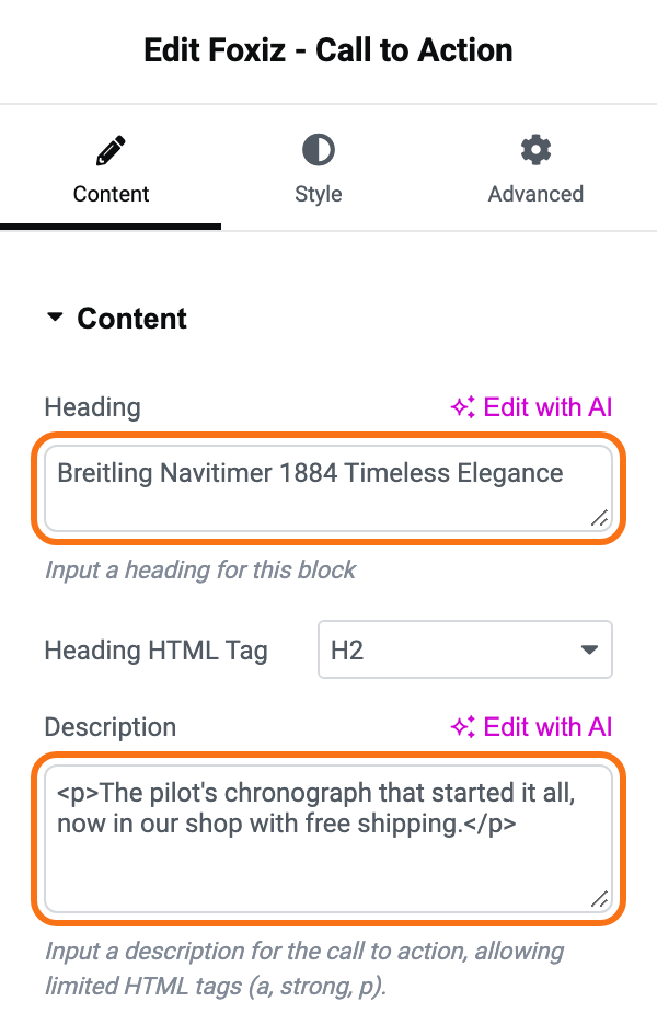 The Content section of Foxiz - Call to Action with Heading Breitling Navitimer 1884 Timeless Elegance and a one sentence Description, both outlined in orange