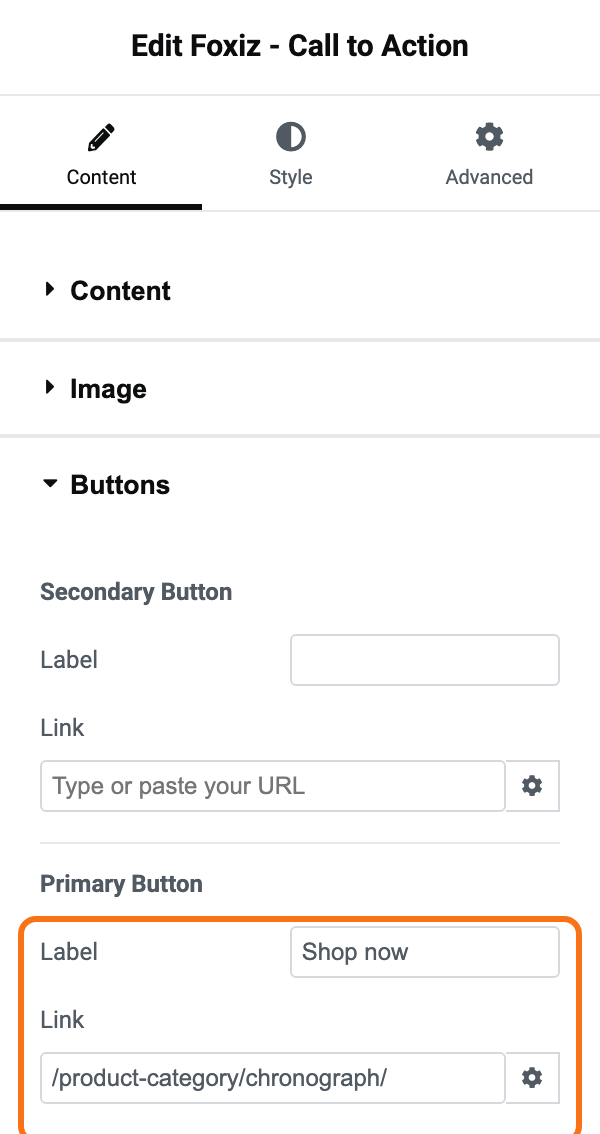 The Buttons section of Foxiz - Call to Action: Secondary Button with an empty Label and Link, and Primary Button with Label Shop now and Link /product-category/chronograph/, outlined in orange