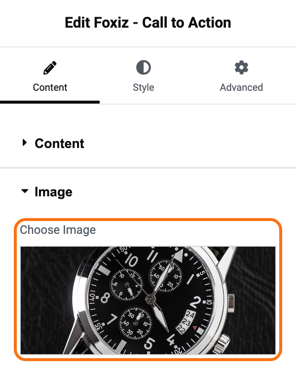 The Image section of Foxiz - Call to Action with a watch photo chosen in Choose Image, outlined in orange