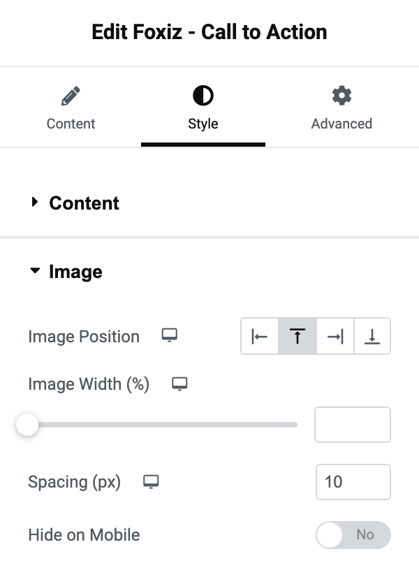 The Image section of the Style tab: Image Position, Image Width, Spacing and Hide on Mobile
