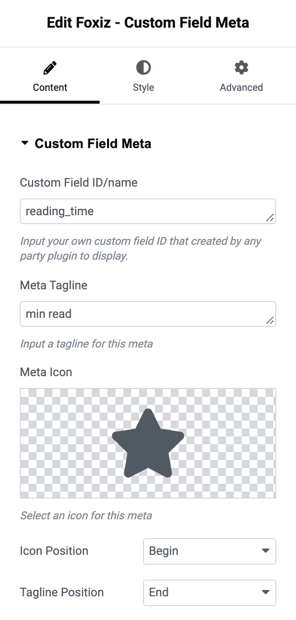 The Custom Field Meta section: Custom Field ID/name, Meta Tagline, Meta Icon, Icon Position and Tagline Position