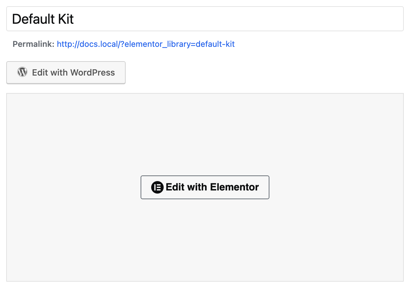 The Default Kit edit screen, with the Edit with Elementor button below the title