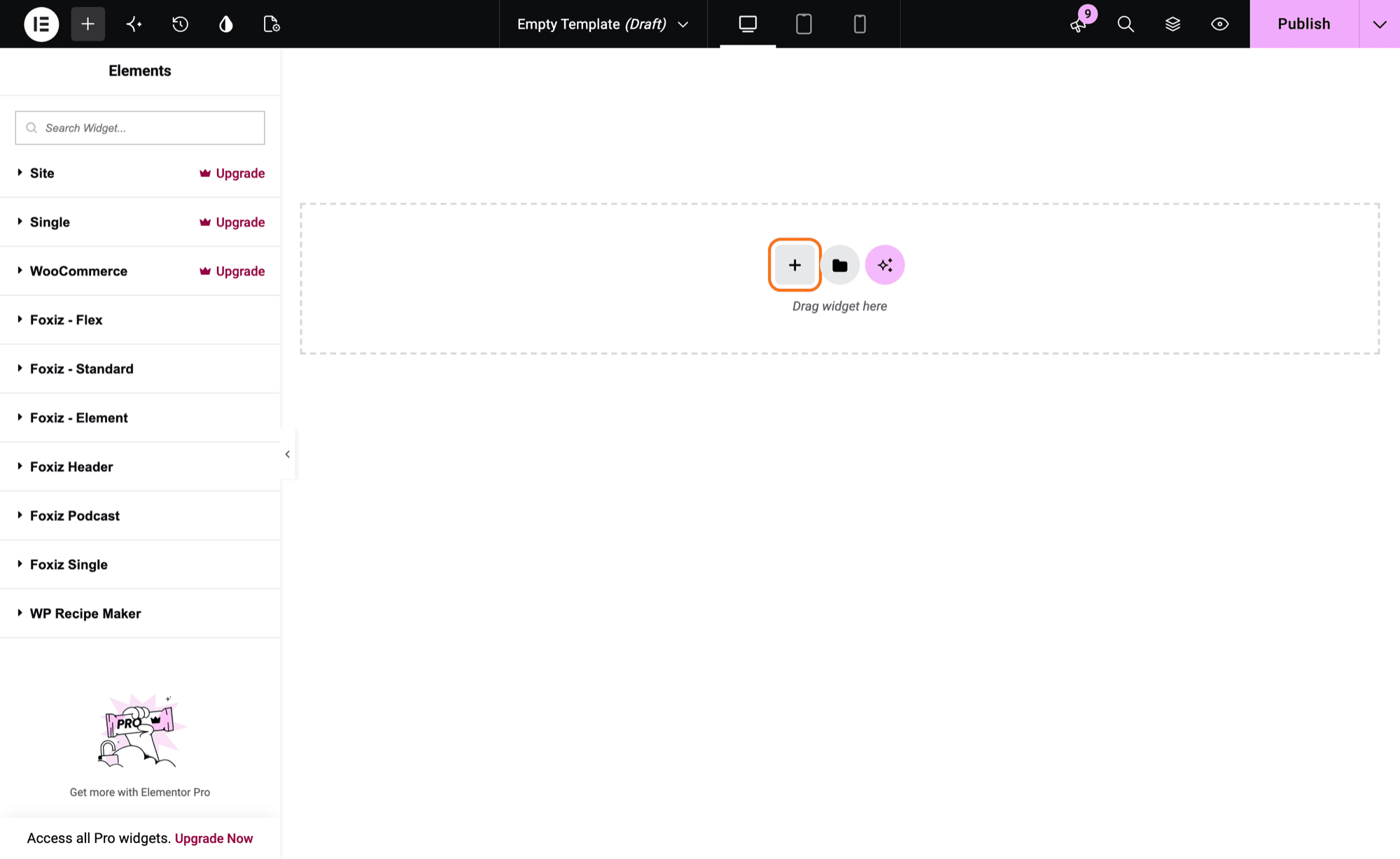 The Elementor editor on a new, empty Ruby Template: the widget panel on the left listing its block groups, Foxiz - Flex, Foxiz - Standard and Foxiz - Element among them, and the empty page on the right with its + button outlined in orange.