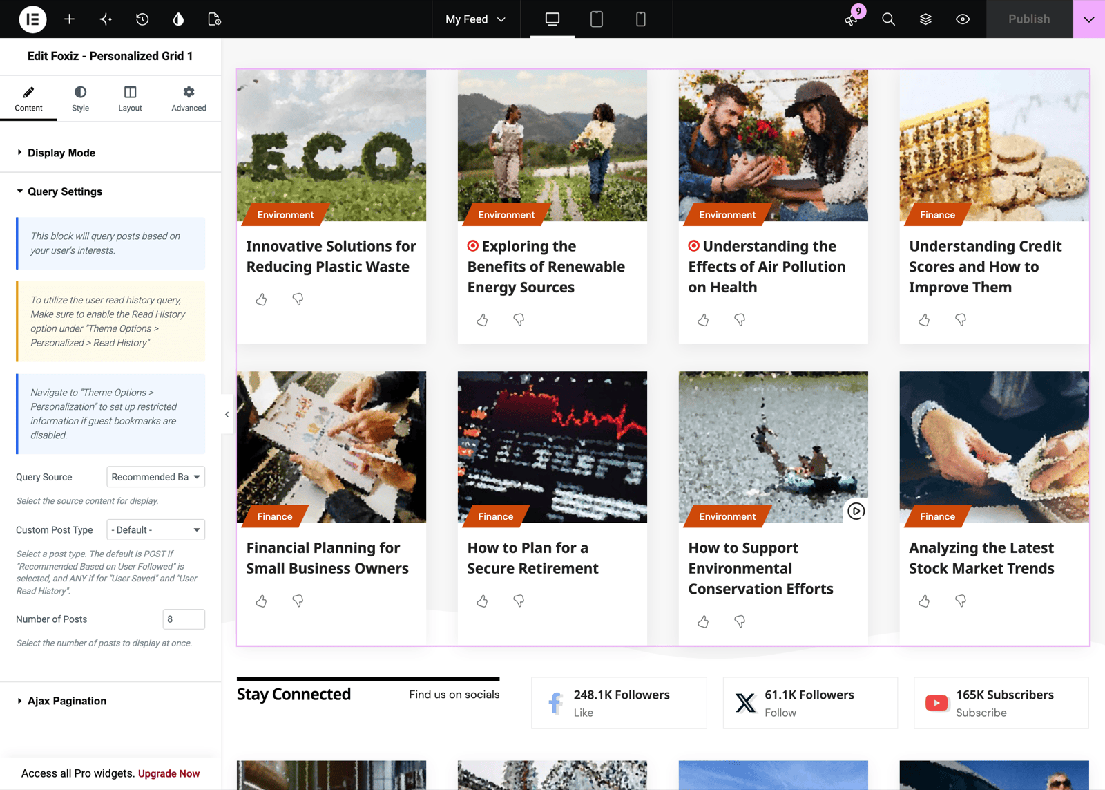 The Elementor editor on the My Feed page: the Edit Foxiz - Personalized Grid 1 panel on the left, its Query Settings open with Query Source on Recommended Based on User Followed and Number of Posts at 8, and the selected grid of eight posts on the canvas