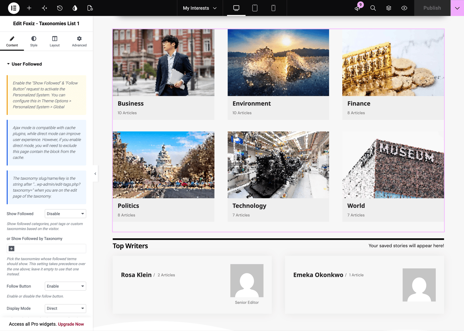 The Elementor editor on the My Interests page: the Edit Foxiz - Taxonomies List 1 panel on the left with User Followed open, Show Followed on Disable and Follow Button on Enable, and on the canvas the selected block of six category cards above a Top Writers row