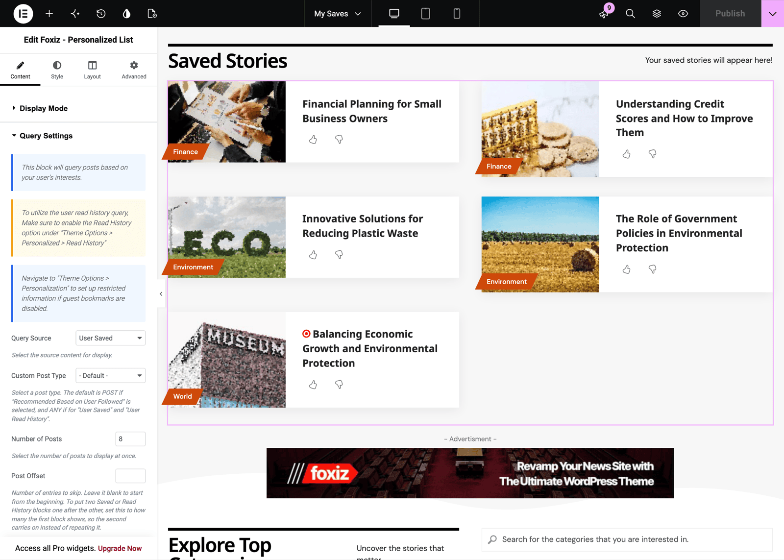 The Elementor editor on the My Saves page: the Edit Foxiz - Personalized List panel on the left with Query Source on User Saved, and on the canvas the Saved Stories heading over the selected two column list of saved posts