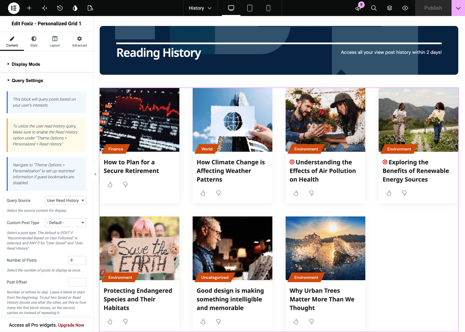 The Elementor editor on the History page: the Edit Foxiz - Personalized Grid 1 panel on the left with Query Source on User Read History, and on the canvas a Reading History banner over the selected grid of the posts read