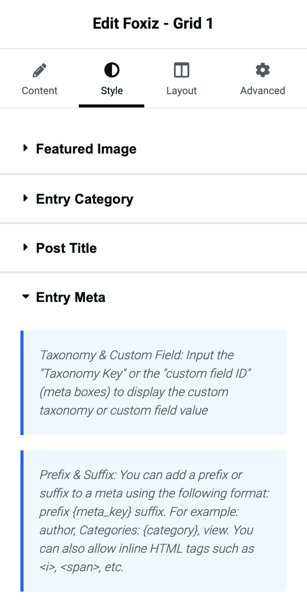 The Style tab of a Foxiz grid block in Elementor, with the Entry Meta section open below Featured Image, Entry Category and Post Title