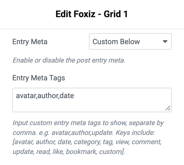 The Entry Meta section of a Foxiz - Grid 1 block, with Entry Meta on Custom Below and avatar,author,date in Entry Meta Tags