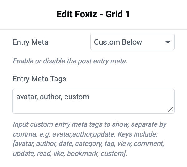 The block's Entry Meta select on Custom Below and avatar, author, custom typed into the Entry Meta Tags box