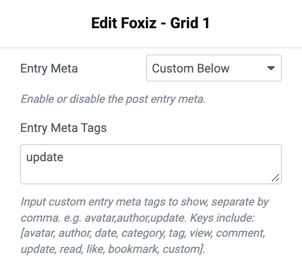 The block's Entry Meta select on Custom Below and update typed into the Entry Meta Tags box