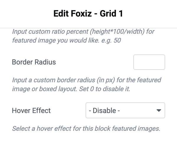 The Hover Effect select set to - Disable -, below the Border Radius field