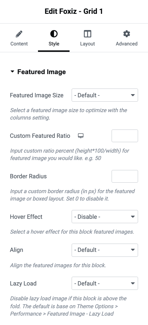 The Style tab of the Foxiz - Grid 1 block with the Featured Image section open, Featured Image Size first